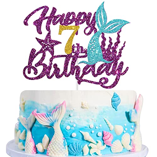 Meerjungfrau Happy 7th Birthday Cake Topper, Lila Glitzer Sea Seven Cake Decor, 7th Birthday Ocean World Thema Party Dekorationen Party Supplies von Dill-Dall