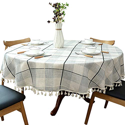 schwere Baumwolle Leinen Tischdecke, rund, kariert, Quaste, für Küche Esszimmer Tischdekorationen, Durchmesser - 180cm, graues Plaid von Dimatic