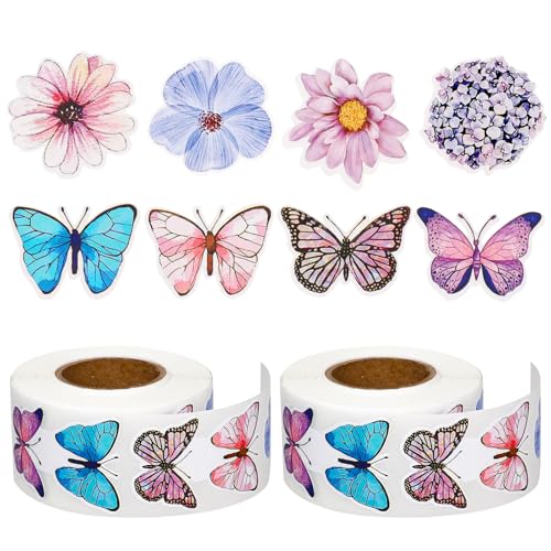 Dimeho Schmetterling Sticker, 1000 Stück Schmetterlings Blumen Aufkleberrollen, 16 Designs Sticker Blumen & Schmetterlinge Süße Selbstklebende Dekorative Aufkleber für Sammelalben Umschläge von Dimeho