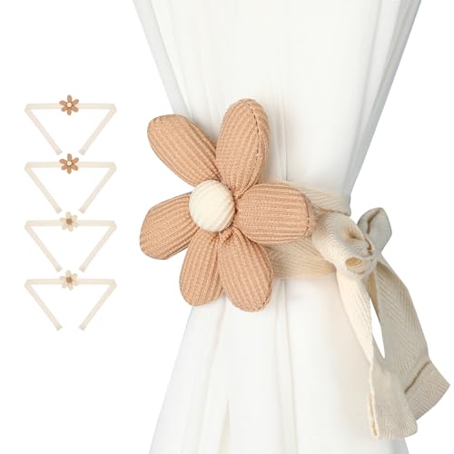 Dimeho 4 Stück Vorhang Raffhalter Gardinenband, Niedlich Blumen Gardinenclips Süße Boho Dekorative Vorhanghalter Elegante Sonnenblumen Gardinen Seil Wohndekor-Vorhangzubehör, Khaki und Beige von Dimeho