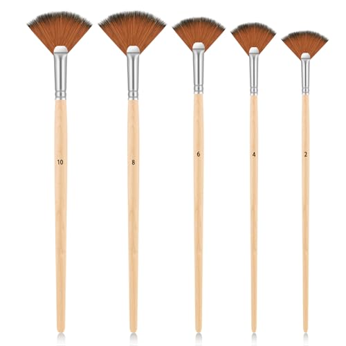 Dimeho Malen Pinsel Set, 5 Stück Fächerpinsel Zum Malen, Fächerpinsel für Acrylmalerei Ausfallsicher Fächerförmige Nylonhaar-Pinselspitzen Langer Holzgriff Künstlerserie Zeichenzubehör für Aquarell von Dimeho