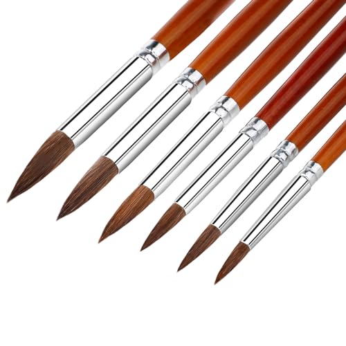 Dimeho Nylon Pinsel 6-teiliges Künstlerpinsel Pinsel Set Aquarell-Pinsel-Set mit Runder Spitze für Aquarell Detail Zobelpinsel, Professionelle Acrylpinsel für Aquarell und Acryl-Tintenmalerei von Dimeho