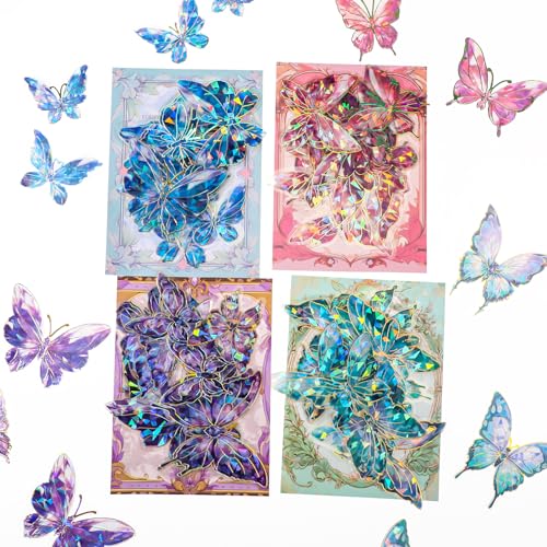 Dimeho 80 Stück Schmetterling Aufkleber, Themen Schmetterlings Aufkleber Set Bunte Transparente Scrapbook Sticker, 3D Glänzende Transparente Glitzeraufkleber für DIY Dekoration Scrapbooking Tagebücher von Dimeho