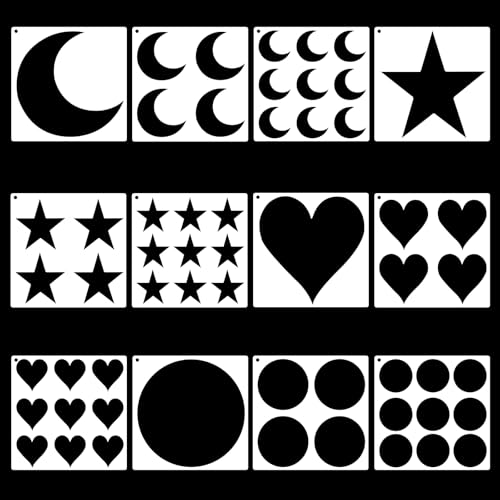 Dimeho Shape Stencils 12 Pcs Large Star Stencil Heart Stencils Circle and Moon Shape Template Stencil Different Sizes Reusable Drawing Templates for Wall Painting Home Decor (20×20CM) von Dimeho