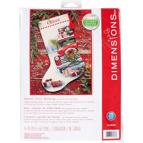 Dimensions 70-08986 Santa's Truck Counted Cross Stitch Christmas Stocking, Count Ivory, 16" Long Weihnachtsstrumpf mit Kreuzstich, Motiv: Weihnachtsmann, Stoff, Wolle, 14 elfenbeinfarbene Aida von Dimensions