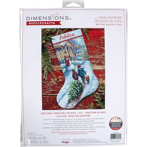 Dimensions 70-08995 Weihnachtstradition DIY personalisierbares Weihnachts-Kreuzstich-Set, 40,6 cm lang, 14-fädig, hellblauer Aida, verschiedene Farben von Dimensions