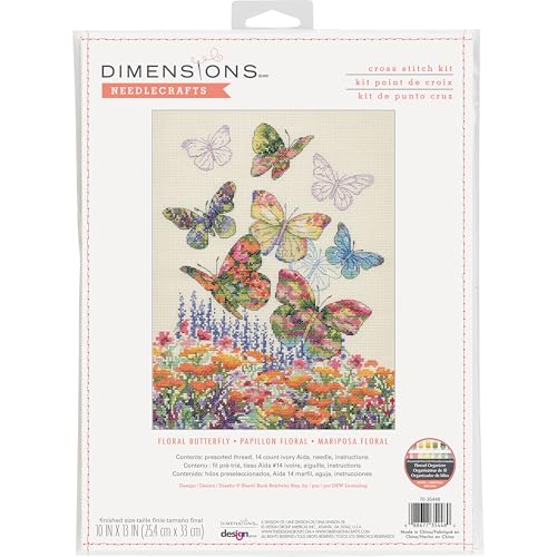 Dimensions 70-35448 Kreuzstich-Set, Blumen-Schmetterling, 25,4 x 33 cm, 14 Cnt, elfenbeinfarbener Aida, 4-teilig von Dimensions