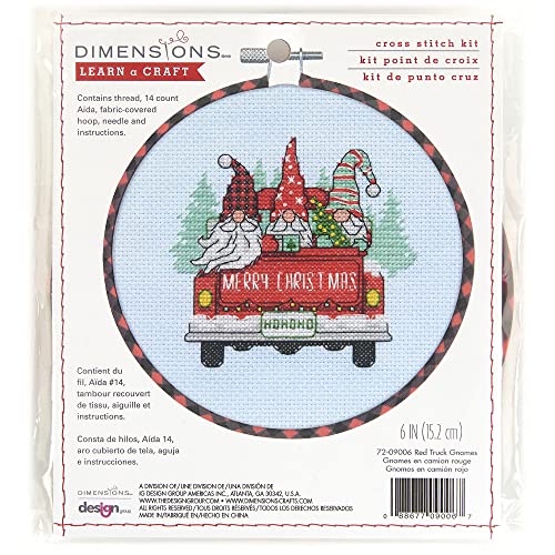 Dimensions 72-09006 Red Truck and Holiday Gnomes Kreuzstich-Set mit Weihnachts-Zählmuster, Stoff Bambus, 14 Karat. Hellblauer Aida, 6" D, 6 stück von Dimensions