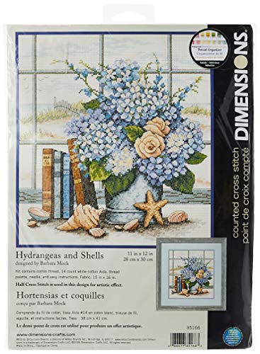 Dimensions Gezählter Kreuzstick Set, Hydrangeas and Shells, 12 in x 11 in von Dimensions