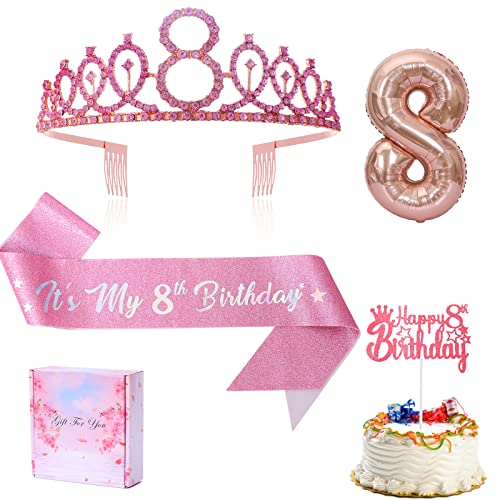 8. Geburtstag Dekoration für Mädchen,einschließlich "Es ist mein 8. Geburtstag" Schärpe Strass Krone "Happy 8th Birthday" Cake Topper, 32inch Folie 8 Ballon für Mädchen 7th Birthday Dekorationen von Dimetey