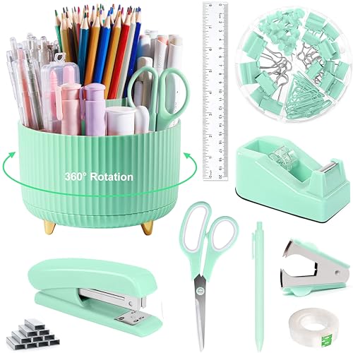 Green Desk Accessories, Green Office Supplies 360°-Stifthalter, Schreibtisch-Organizer und Zubehör mit Klebebandspender, Hefter, Heftklammerentferner, 1000 Heftklammern, Klebeband, Clips Set, Lineal, von Dimonluce