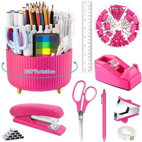 Hot Pink Schreibtischzubehör, Bürobedarf, 360°-Stifthalter, Schreibtisch-Organizer und Zubehör mit Klebebandspender, Hefter, Heftklammerentferner, 1000 Heftklammern, Klebeband, Clips, Set, Lineal, von Dimonluce