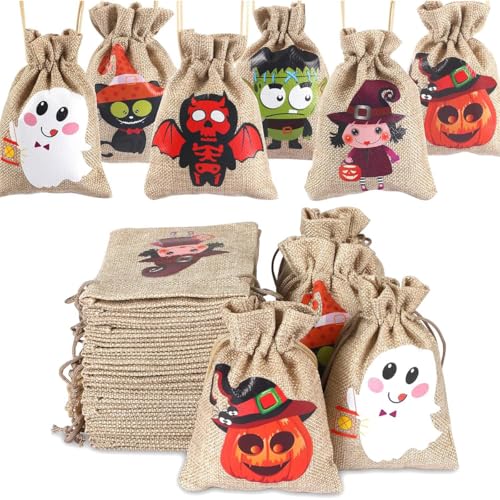 Dimoxii 24 Stück Halloween-Jute-Geschenktüten mit Kordelzug Halloween Geschenksäckchen 10X15cm Kleine Jutesäckchen für Süßigkeitenbeutel Klein Stoffsäckchen mit Zugband von Dimoxii