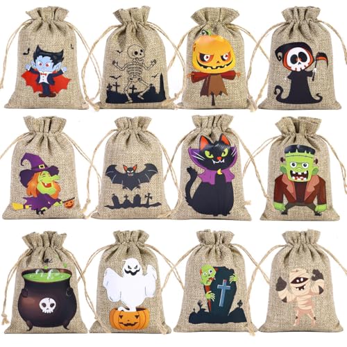 Dimoxii 36 Stück Halloween-Jute-Geschenktüten mit Kordelzug Halloween Geschenksäckchen 10X15cm Kleine Jutesäckchen für Süßigkeitenbeutel Klein Stoffsäckchen mit Zugband von Dimoxii