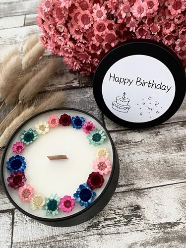 Dinala Duftkerze mit Spruch - Happy Birthday - mit Trockenblumen und himmlichen Zitrone- Lavendel Duft - tolles Geschenk zum Geburtstag - persönlich von Herzen - made in Germany (Happy Birthday A) von Dinala