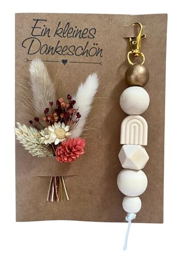 Dinala Kleines Dankeschön - liebevolle danke Karte - mit echtem Trockenblumenstrauß und Holzperlen Schlüsselanhänger - kleines Dankeschön Geschenk das Eindruck hinterlässt (Regenbogen beige) von Dinala