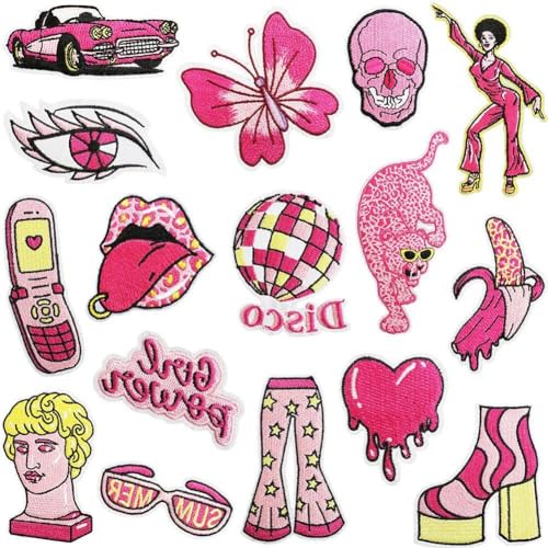 16 Stück Rosafarbene Totenkopf-aufnäher Zum Aufbügeln, Leuchtende Farben, Zum Aufbügeln, Applikationen Für Kleidung, Kleider, Rucksäcke, Diy-zubehör von Dinntty