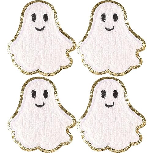 Dinntty Halloween-Kürbis-Geist-Aufnäher 4 Stück Goldrand Chenille zum Aufbügeln Stickerei Aufnäher für Kleidung Taschen Kappen Basteln von Dinntty