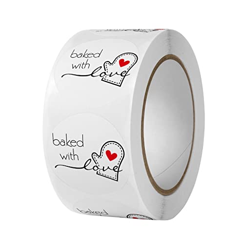 Diogeynu Aufkleber "Baked With Love", rund, mit schwarzer Schrift, rotes Herz, handgefertigte Seifenverpackungsaufkleber von Diogeynu