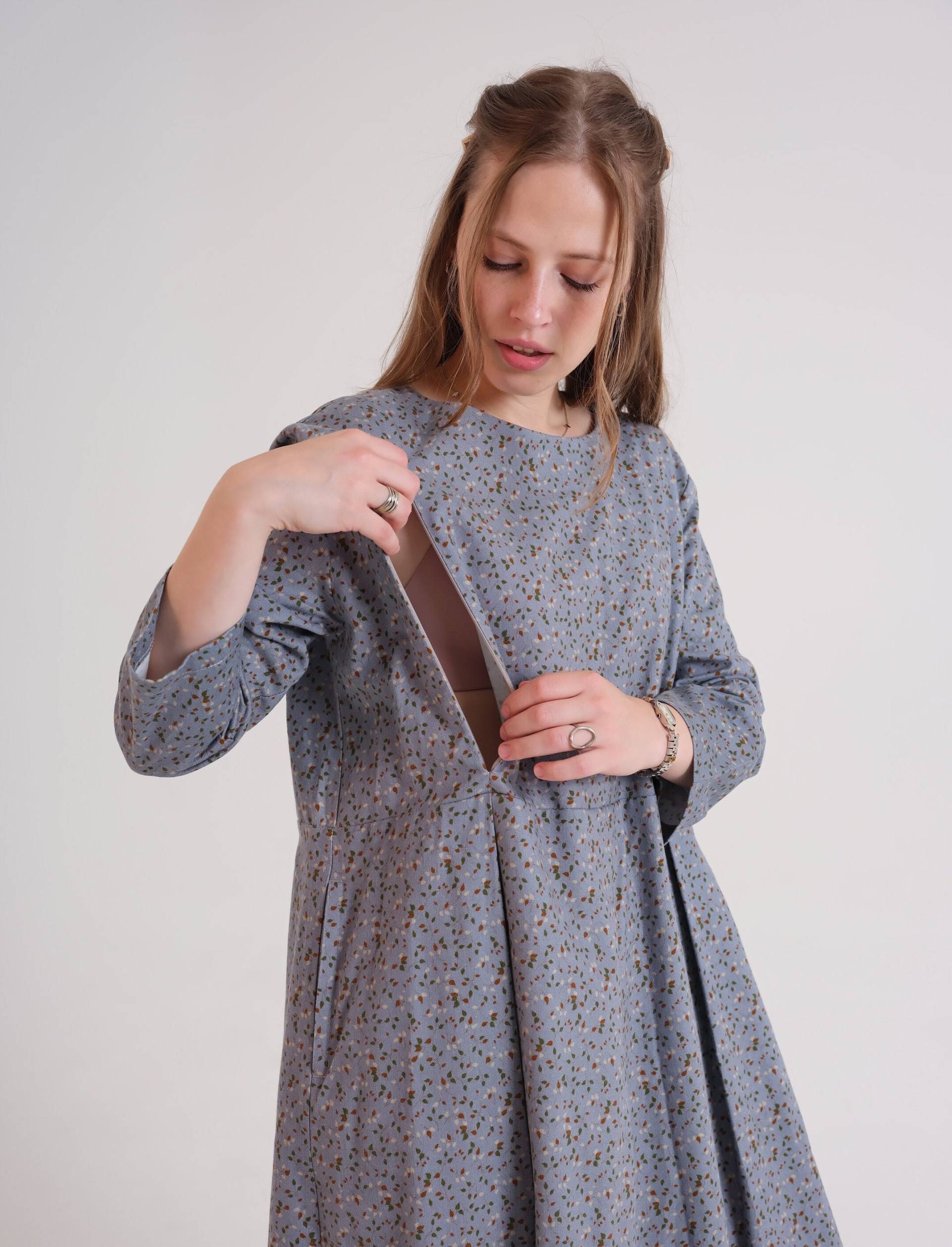 Stillen Blau Midi Outfit, Stillfreundlich, Versteckte Reißverschlüsse, Umstandskleidung, Postpartum Kleid, Stillkleid, Einfacher Zugang, Baumwolle von DioomStore