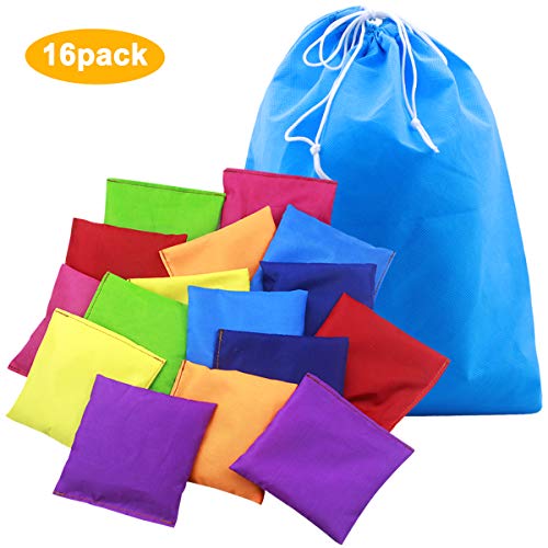 Disino 16 Stück 10 x 10cm Nylon Sitzsäcke Werfen, Cornhole Tasche Wasserdicht Bohnensäckchen mit Tragetasche, Toss Game Sitzsack, Bean Bag Wurfspiel für Kinder PE Sensorische Jonglier Sportausbildung von Disino