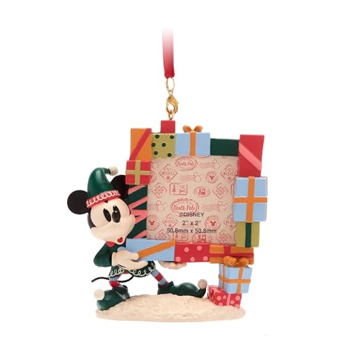 Disney Store Official - Micky Maus - Weihnachtlicher Fotorahmen - 10 cm/4'' - Weihnachtsdekoration - Micky im Elfenkostüm mit Fotorahmen, Band zum Aufhängen und Flacher Sockel zum Aufstellen von Disney Store