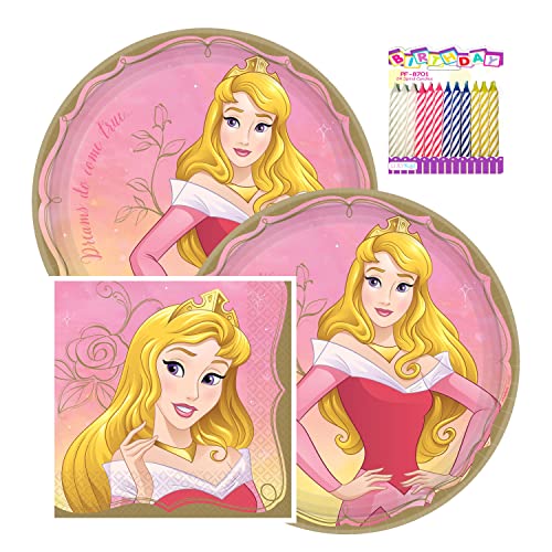 Amscan Disney Princess Aurora Party Supplies Pack Serves 16: 9" Plates and Lunch Napkins with LLILYKAI Birthday Candles (Bundle for 16) von Disney