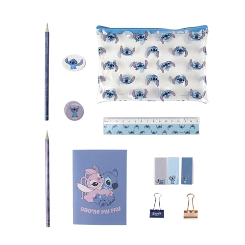 Disney Lilo und Stitch Schreibwaren-Set, Enthält Bleistift, Lineal, A6-Notizbuch, Radiergummi, Anspitzer, Haftnotizen, Clips, Buntstift, Federmäppchen, (D-LS-00347) von Disney