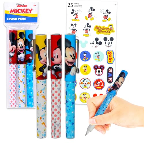 Disney Mickey Mouse Stifte-Set – Set mit 3 Micky-Maus-Kugelschreibern, Geschenkset für Kinder und Erwachsene, plus Aufkleber, Mickey-Maus-Geschenk-Set für Büro, Schulbedarf, Strumpffüller von Disney