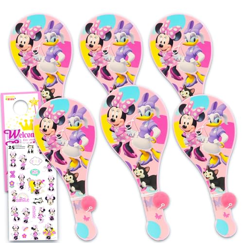 Disney Minnie Mouse Paddelball, Partyzubehör, Paket mit 6 Paddelballspielen plus Aufklebern, mehr für Kinder und Kleinkinder, Minine Mouse Partyzubehör von Disney