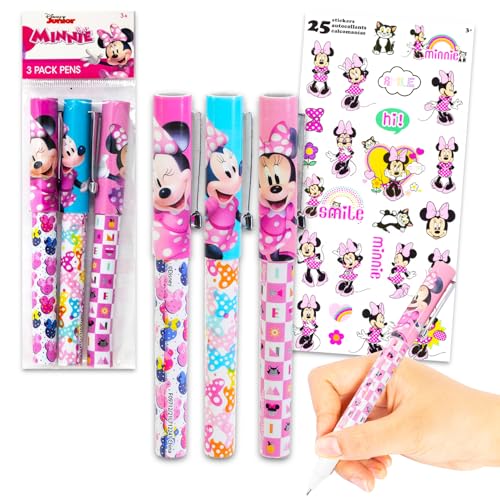 Disney Minnie Mouse Stifte-Set – Set mit 3 Minnie Mouse Kugelschreibern für Kinder und Erwachsene plus Aufklebern, mehr | Minnie Mouse Geschenkset für Büro, Schulbedarf, Strumpffüller von Disney