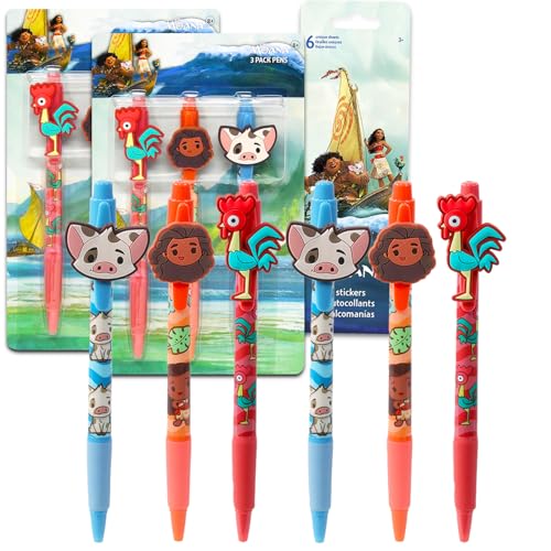 Disney Moana Partygeschenk-Set für Kinder, Set mit 6 Moana-Stiften mit Gummi-Charakter-Clip, 6 Aufkleberbögen und mehr, Vaia-Partyzubehör für Jungen und Mädchen von Disney