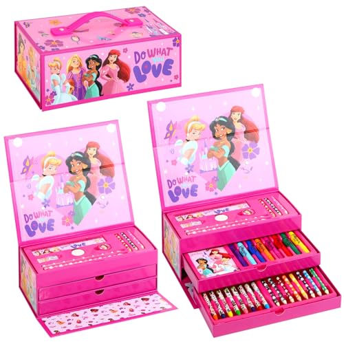 Disney Princess 34-teiliges Malkunst-Schreibwaren-Set mit Aquarell-Filzstiften, Buntstiften und Bleistiften, Reise-Set für Kinder von Disney