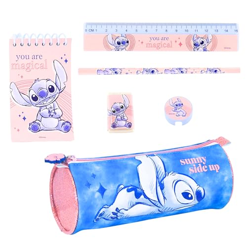 Disney Stitch Briefpapier Set, Bestehend aus Notizbuch, Radiergummi, Bleistiftspitzer, Lineal und Etui, Geschenk Briefpapier Set für Mädchen von Disney