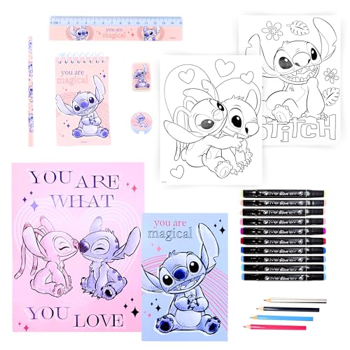 Disney Stitch Briefpapier Set, Enthält Notizbücher, Malseiten, Radiergummi, Bleistiftspitzer, Lineal und Buntstifte, Geschenk Briefpapier Set für Mädchen von Disney