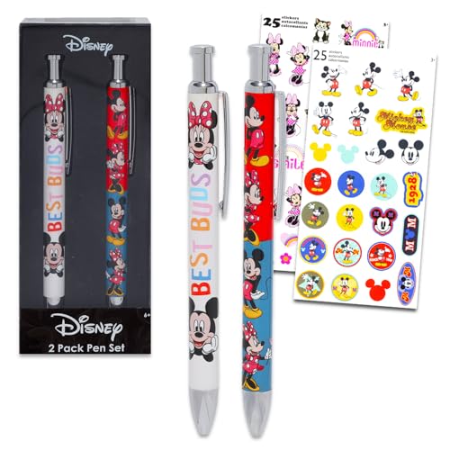 Mickey und Minnie Mouse Stifte-Set, Set mit 2 Mickey- und Minnie-Stiften mit Clip und Aufklebern, Strumpffüller, Micky Maus und Minnie Maus, Schreibwaren, Geschenk, Bürobedarf von Disney