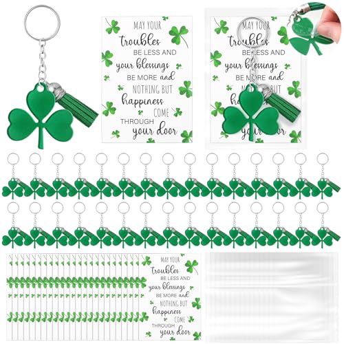 Dispowreath 36-teiliges Set St. Patrick's Day-Geschenke, irische Partygeschenke, inklusive 36 Kleeblatt-Acryl-Schlüsselanhänger mit Quasten, 36 irische Segenskarten mit 36 OPP-Beuteln für St. von Dispowreath