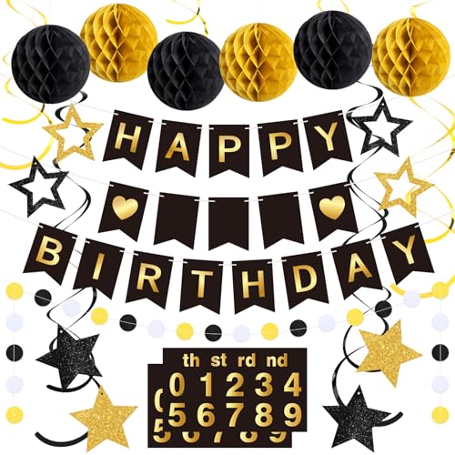 Dispowreath DIY Happy Birthday Party Dekorationspaket, wiederverwendbares Happy Birthday-Banner mit 6 Wabenbällen, 8 hängenden Wirbelschlangen, 8 Glitzersterne und Kreis-Girlande für Geburtstag von Dispowreath