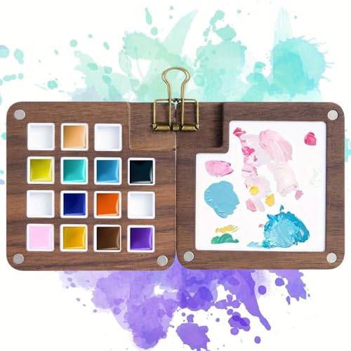 Diulazin Tragbare Mini-Aquarellpalette mit 15 Fächern, Mini-Farbpalette aus Holz für Aquarell, Gouache und Acrylfarbe, ideales Geschenk für Künstler und Maler von Diulazin