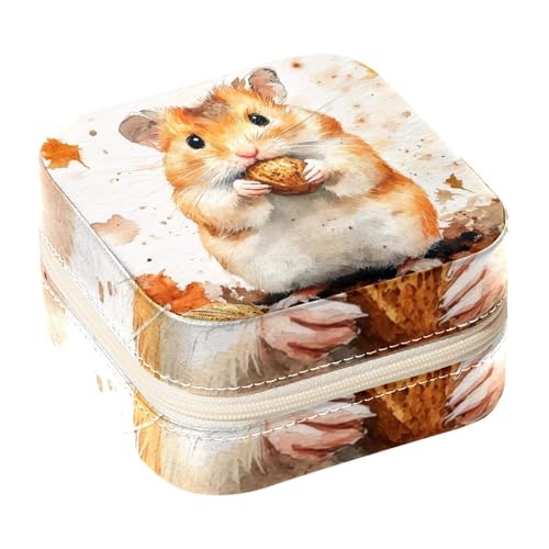 Diusye Kleine Schmuckschatulle für Ringe, Ohrringe, Halsketten, Armbänder, Armreifen, Mini-Reise-Schmuckkästchen, Organizer für Frauen und Mädchen, Geschenke – Aquarell-Hamster, hält Nuss von Diusye