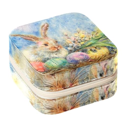 Diusye Kleine Schmuckschatulle für Ringe, Ohrringe, Halsketten, Armbänder, Armreifen, Mini-Reise-Schmuckkästchen, Organizer für Frauen und Mädchen, Geschenke – Aquarell-Osterhase und Eier auf Gras von Diusye