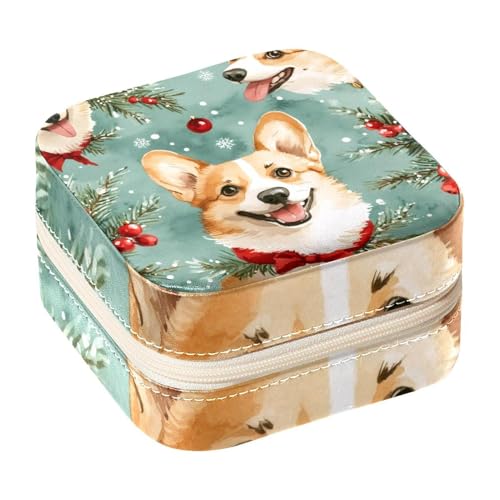 Diusye Kleine Schmuckschatulle für Ringe, Ohrringe, Halsketten, Armbänder, Armreifen, Mini-Reise-Schmuckkästchen, Organizer für Frauen und Mädchen, Geschenke – Weihnachtsbeeren und Corgis von Diusye