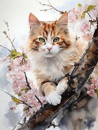 Diymood 5D Diamant Painting Kit Katze - DIY Diamond Painting Kirschblüte Bilder Zubehör für Runde Diamond Kreuzstich Stickerei - Dekorative Kunst für Büro und Zuhause - Wandbild 30x40 cm von Diymood