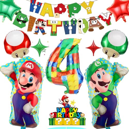 Geburtstagsdekorationen für Jungen und Mädchen 4 Jahre alt Mädchen Junge Geburtstagsballons Marioo Party Dekorationen 4 Geburtstag Dekorationen Geburtstag Banner Ma-Rio Cake Topper Nummer 4 Block von Diyooisx