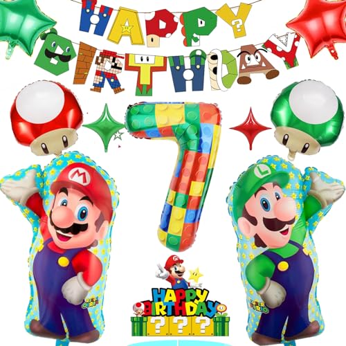 Geburtstagsdekorationen für Jungen und Mädchen 7 Jahre alt Mädchen Junge Geburtstagsballons Marioo Party Dekorationen 7 Geburtstag Dekorationen Geburtstag Banner Ma-Rio Cake Topper Nummer 7 Block von Diyooisx