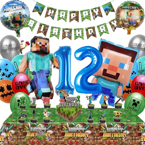 Minecraft Geburtstagsdeko 12 Jahre Junge Mädchen - Minecraft Deko Geburtstag 12 Minercraft Luftballons Geburtstag Girlande Minecraft Tortendeko Miner Gamer Tischdecke Minecraft Party Deko Set von Diyooisx