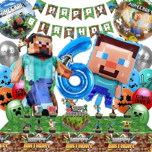 Minecraft Geburtstagsdeko 6 Jahre Junge Mädchen - Minecraft Deko Geburtstag 6 Minercraft Luftballons Geburtstag Girlande Minecraft Tortendeko Miner Gamer Tischdecke Minecraft Party Deko Set von Diyooisx