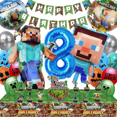 Minecraft Geburtstagsdeko 8 Jahre Junge Mädchen - Minecraft Deko Geburtstag 8 Minercraft Luftballons Geburtstag Girlande Minecraft Tortendeko Miner Gamer Tischdecke Minecraft Party Deko Set von Diyooisx