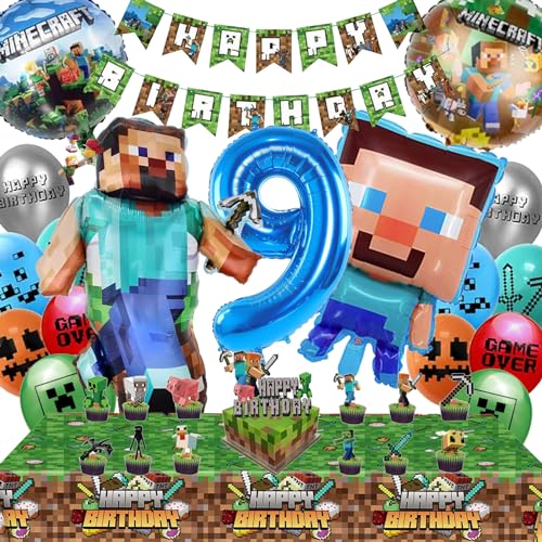 Minecraft Geburtstagsdeko 9 Jahre Junge Mädchen - Minecraft Deko Geburtstag 9 Minercraft Luftballons Geburtstag Girlande Minecraft Tortendeko Miner Gamer Tischdecke Minecraft Party Deko Set von Diyooisx