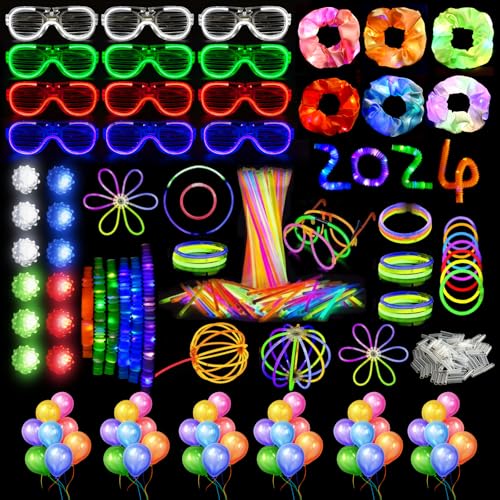 DkevEu 98-teiliges LED-Spielzeug-Partyzubehör, Partyzubehör mit 6 LED-Brillen, 36 Gelee-Ringen, 50 Luftballons und 6 leuchtenden Pop-Röhren für leuchtende Partys. von DkevEu